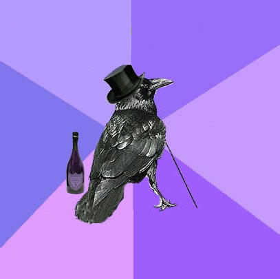 Rich Raven, a distinguished raven in a top hat holding a cane beside a bottle